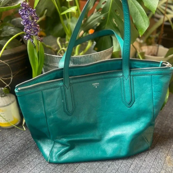 Fossil Sydney leather tote bag turquoise/teal pre owned - Picture 15 of 16